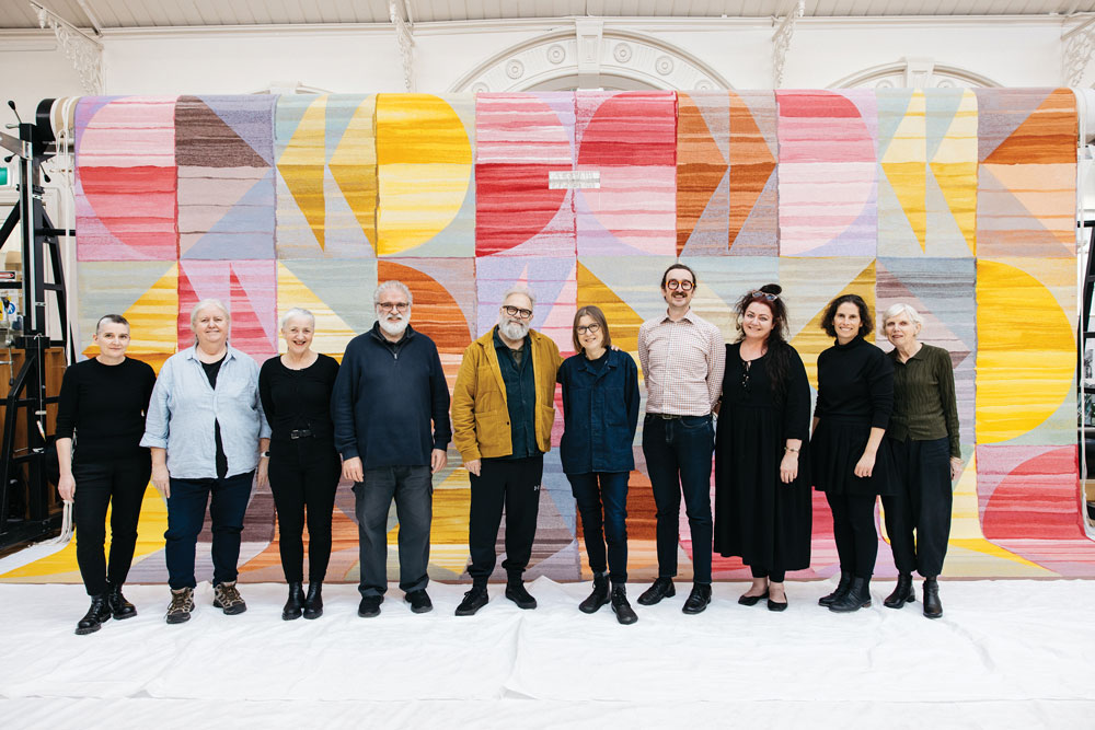 ‘Old Media’, 2023, Emma Biggs & Matthew Collings, woven by Tim Gresham, Leonie Bessant, Susan Carstairs, Chris Cochius, Amy Cornall, Saffron Gordon, Pamela Joyce, David Pearce, Emma Sulzer, Cheryl Thornton & Dr Caroline Tully. Cutting off ceremony and por