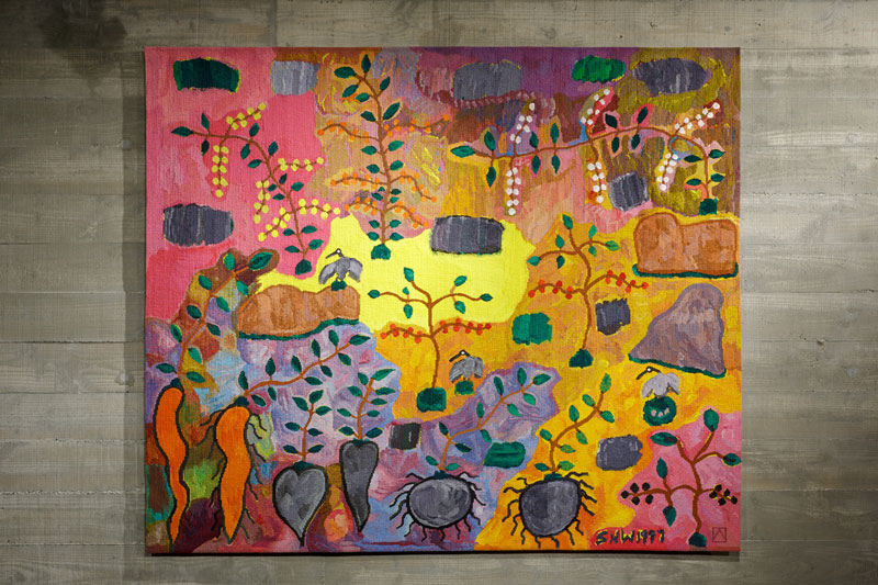 'Bush Foods,' 2015 in situ, designed by Sheena Wilfred and woven by Chris Cochius, Pamela Joyce & Cheryl Thornton, wool and cotton, 1.84 x 2.15m. Photograph: Jeremy Weihrauch.