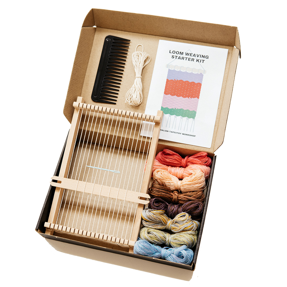 Small Loom Weaving Kit includingwooden loom (warped up and ready to go), plastic tapestry needle, wooden shuttle, 75grams of mixed ATW yarn (bobbin ends) extra warp & an instruction booklet