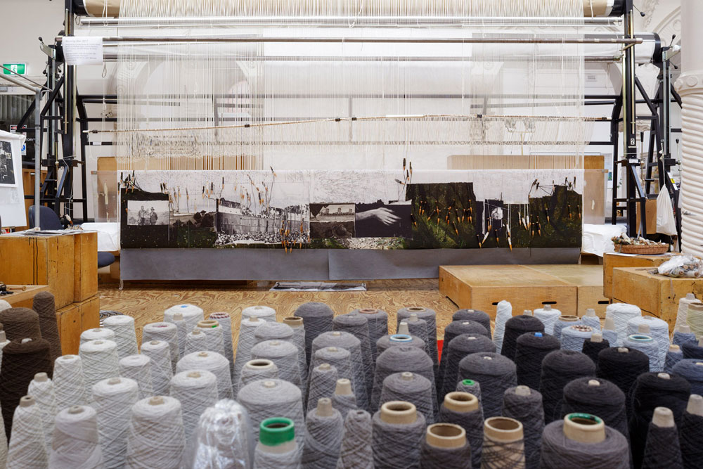 Work in progress, Morning Star, 2017, designed by Lyndell Brown and Charles Green, woven by Pamela Joyce, Leonie Bessant, Chris Cochius, Jennifer Sharpe, Cheryl Thornton, David Cochrane and Pierre Bureau. Photo: Jeremy Weihrauch Morning Star, 2017, designed by Lyndell Brown and Charles Green