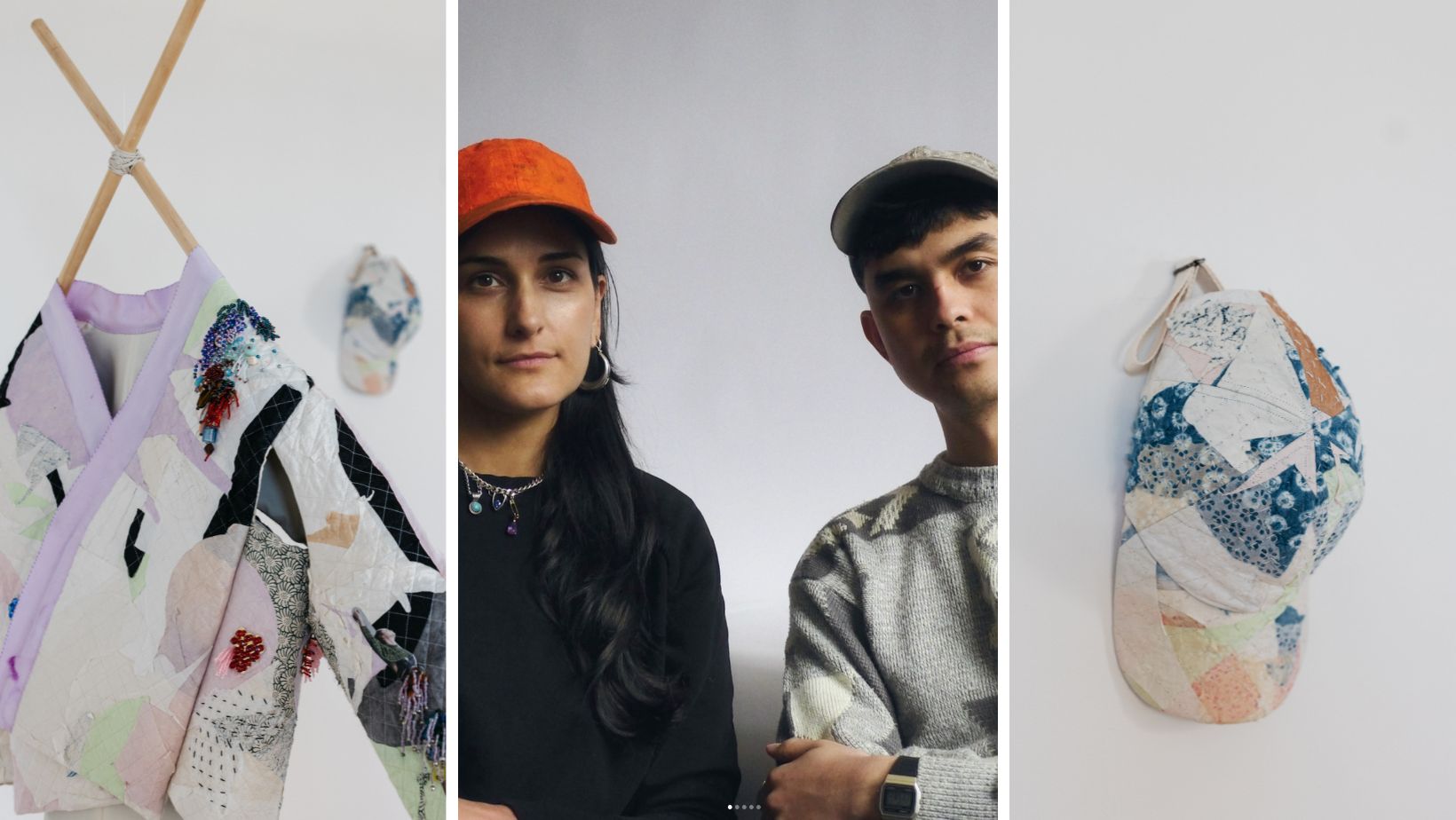 'Washi Patchwork Jacket' 2023, DNJ Paper, in situ in ‘Vessel, Cloth and Cloak'; Artists DNJ Paper; 'Washi Patchwork Ballcap' 2023, DNJ Paper, in situ in 'Vessel, Cloth and Cloak' 'Washi Patchwork Jacket' 2023, DNJ Paper, in situ in ‘Vessel, Cloth and Cloak'; Artists DNJ Paper; 'Washi Patchwork Ballcap' 2023, DNJ Paper, in situ in 'Vessel, Cloth and Cloak'