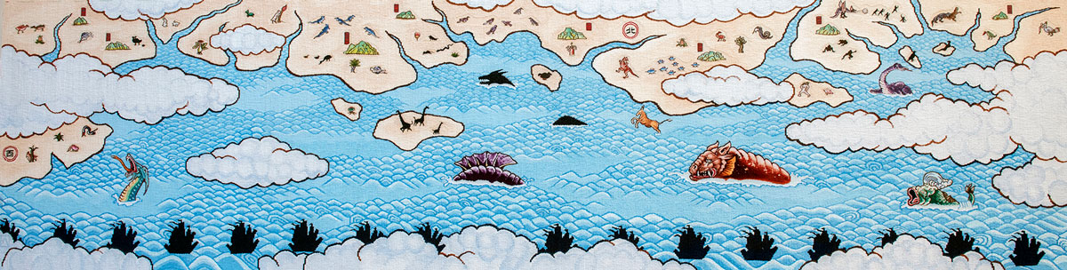Treasure Hunt, 2018, designed by Guan Wei, woven by Chris Cochius, Pamela Joyce, Jennifer Sharpe & Cheryl Thornton, wool and cotton, 0.864m x 3.5m. Photo: John Gollings Treasure Hunt, 2018, designed by Guan Wei