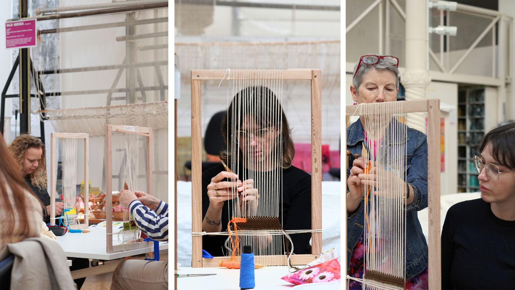 Three images depicting the Introduction to Tapestry Weaving course at the Australian Tapestry Workshop