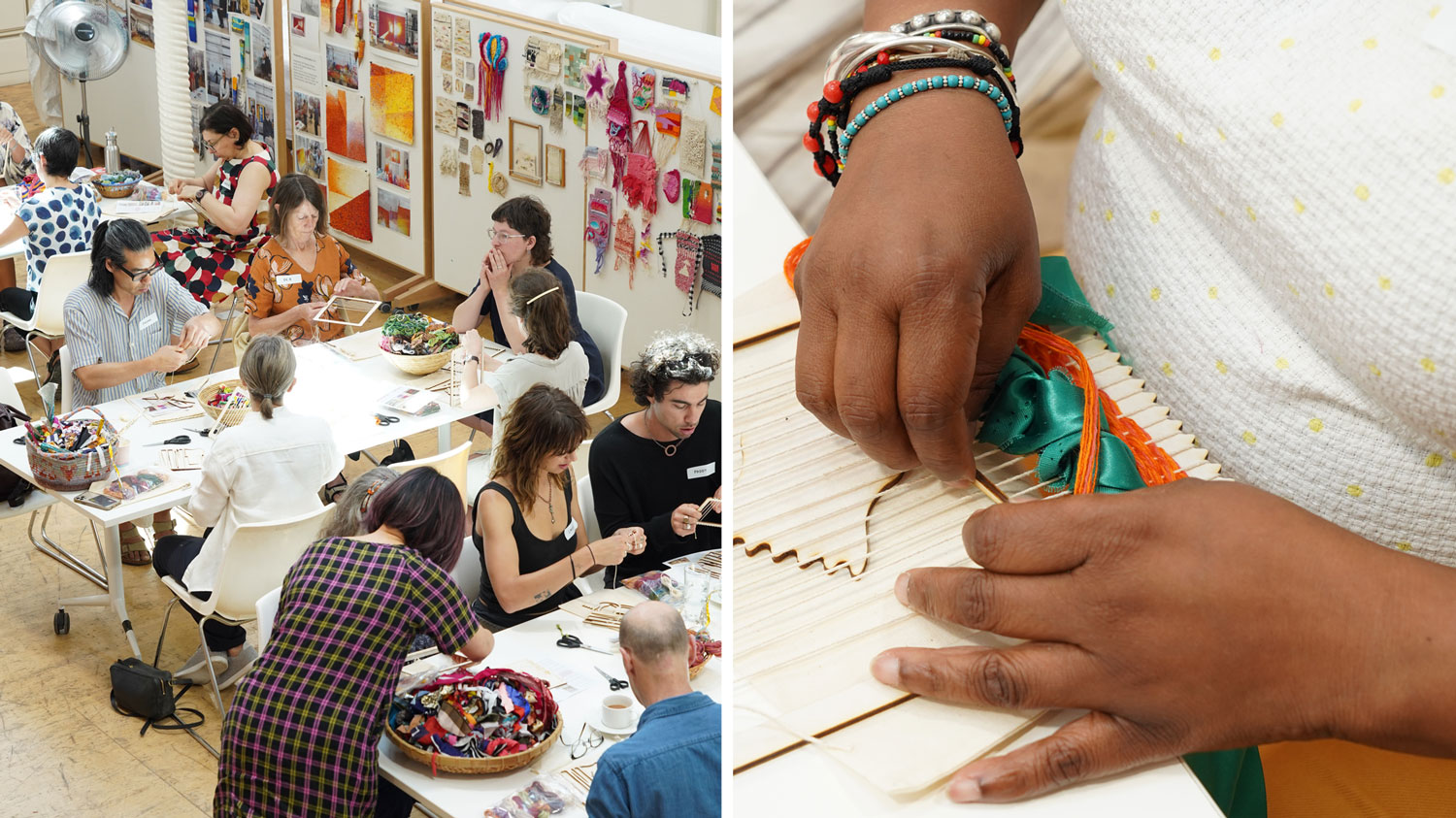 People weaving together at tables with lots of colourful materials 