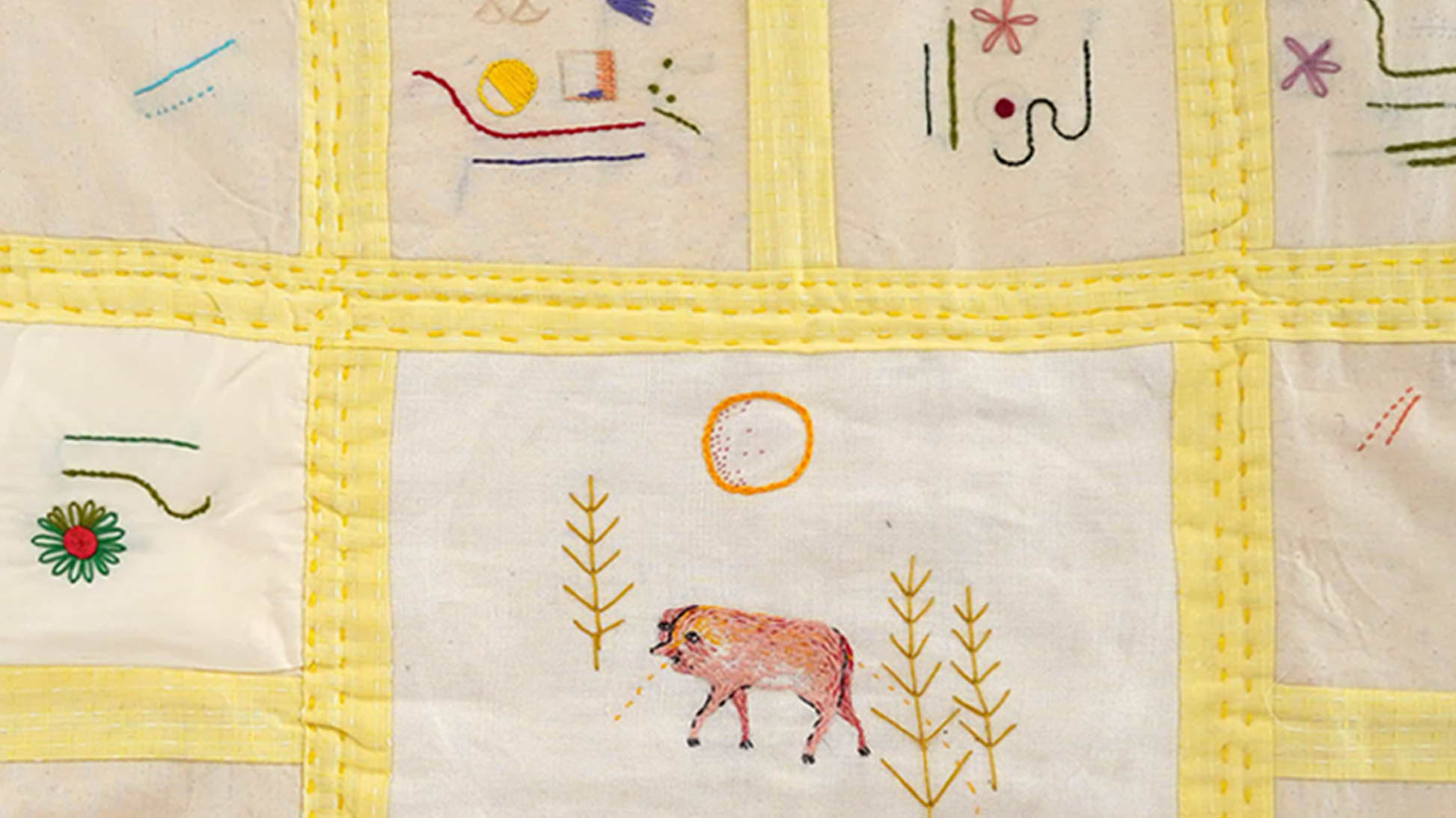 Detail of Aaron Billings ‘Double-Butt Pig’ 2022, embroidery floss and pencil on calico, silk and linen