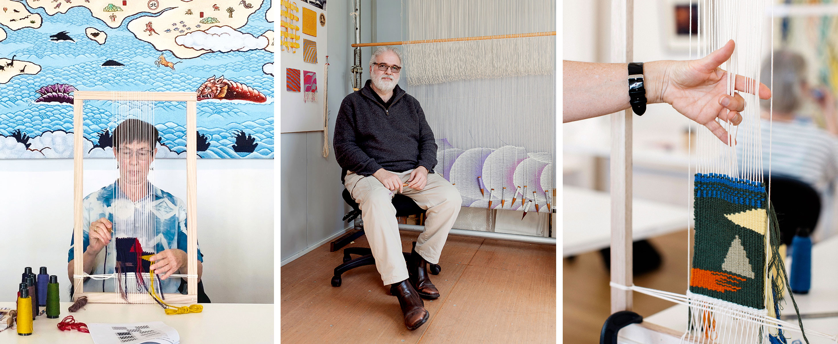 People weaving on a loom in a class