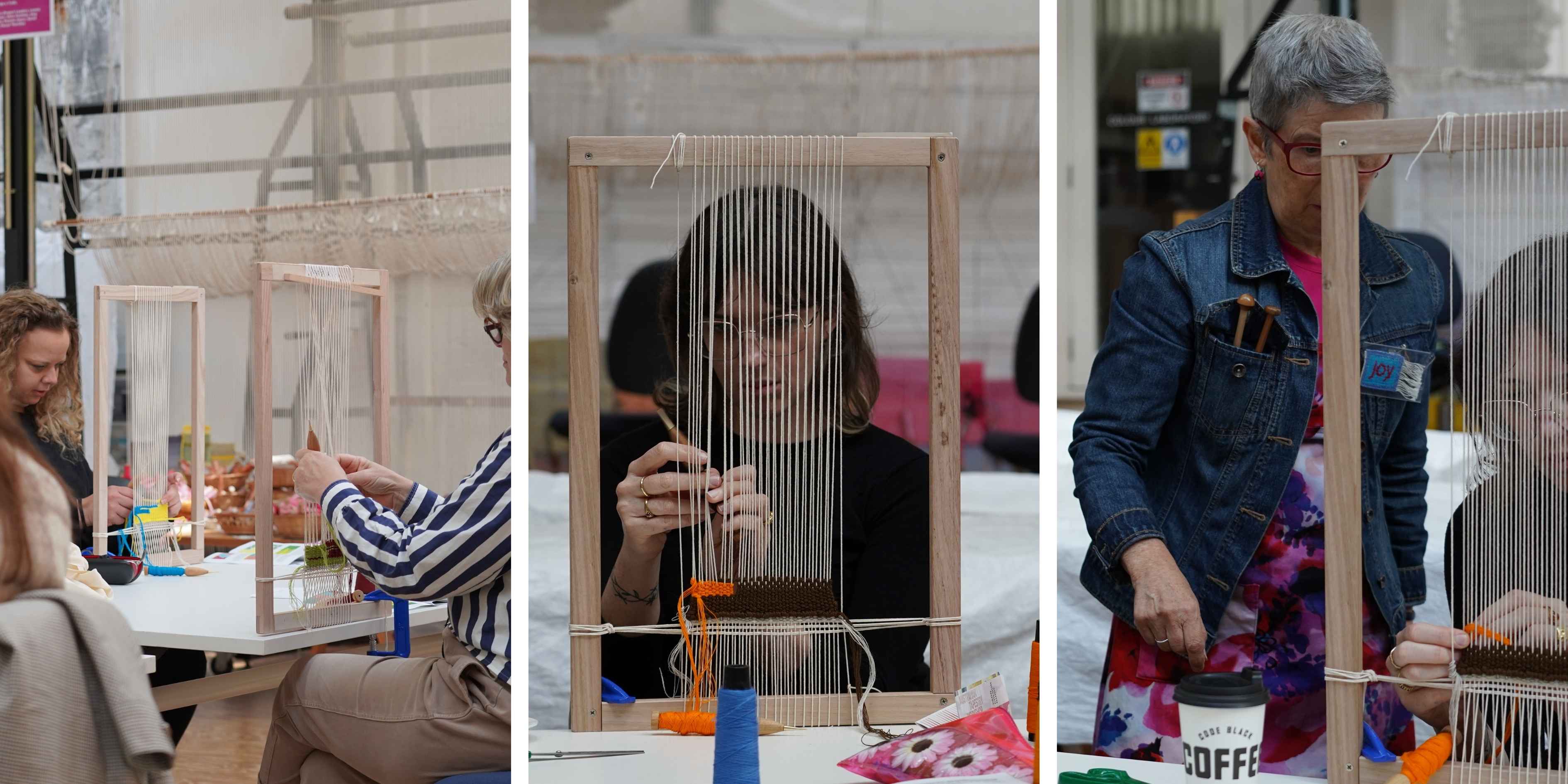 People weaving on a loom in a class