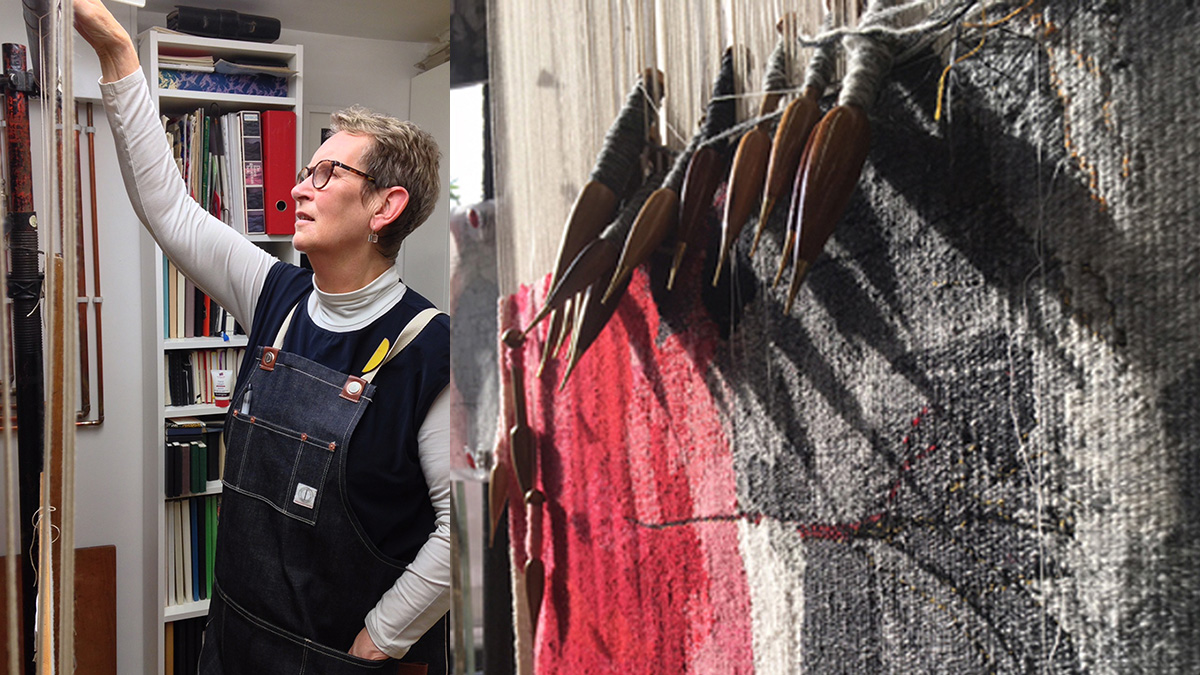 Jilly Edwards in studio and tapestry work in progress. Images courtesy of the artist. 