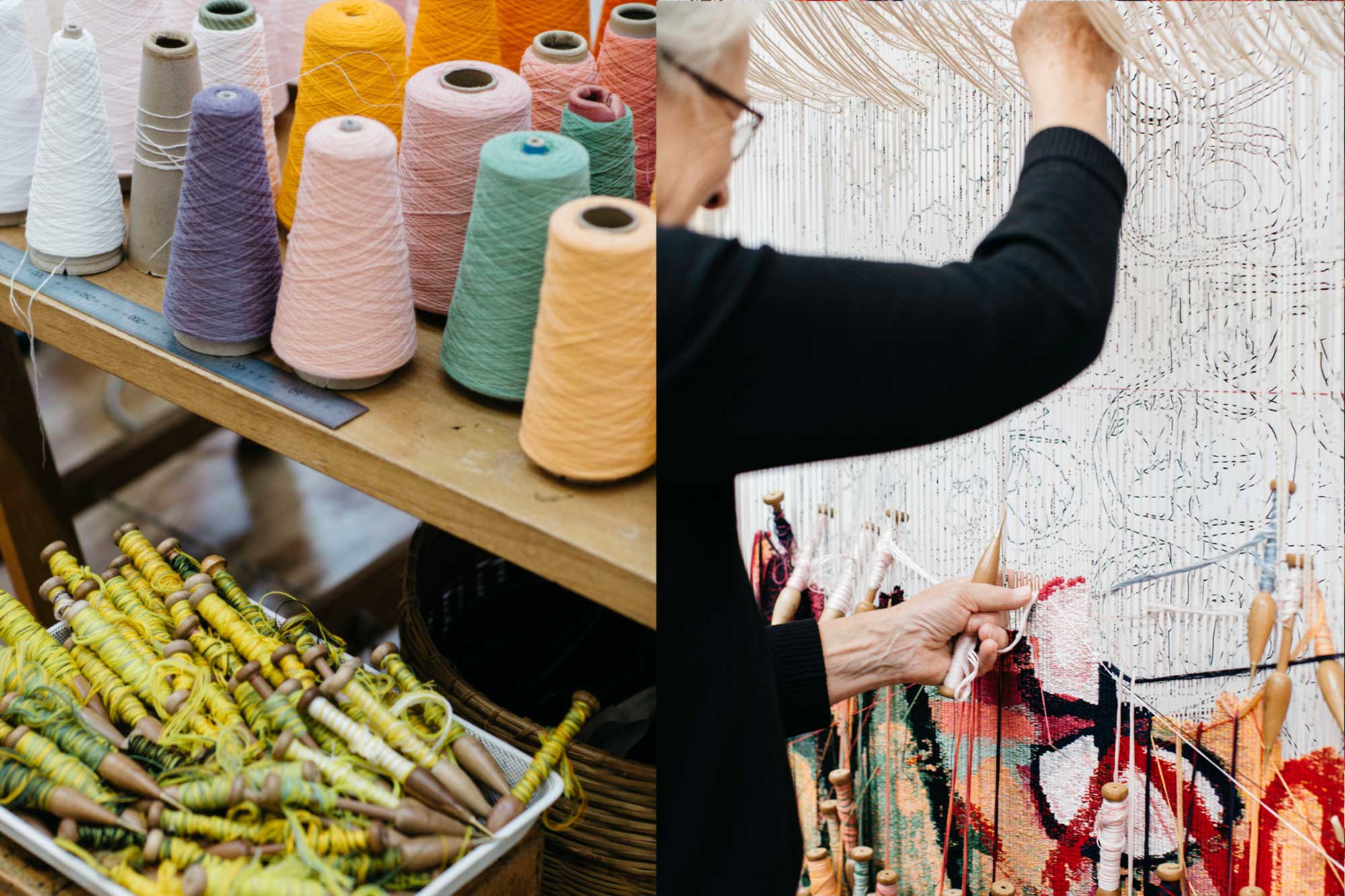 Left to right: Tapestry bobbins and yarn; Pamela Joyce weaves 'The Royal Harvest' tapestry, designed by Naomi Hobson and woven by Pamela Joyce, Sue Batten, Tim Gresham & Jennifer Sharpe. . Photo: Marie-Luise Skibbe.