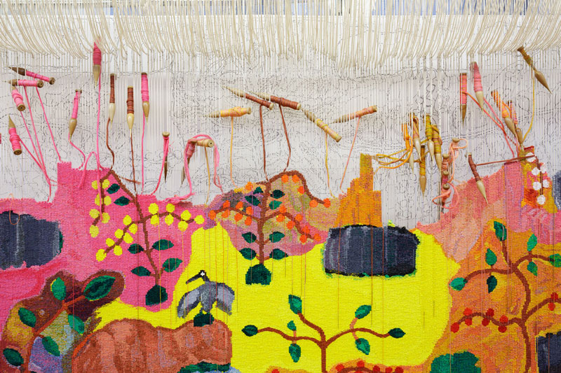 Detail of 'Bush Foods,' 2015, designed by Sheena Wilfred and woven by Chris Cochius, Pamela Joyce & Cheryl Thornton, wool and cotton, 1.84 x 2.15m. Photograph: Jeremy Weihrauch.
