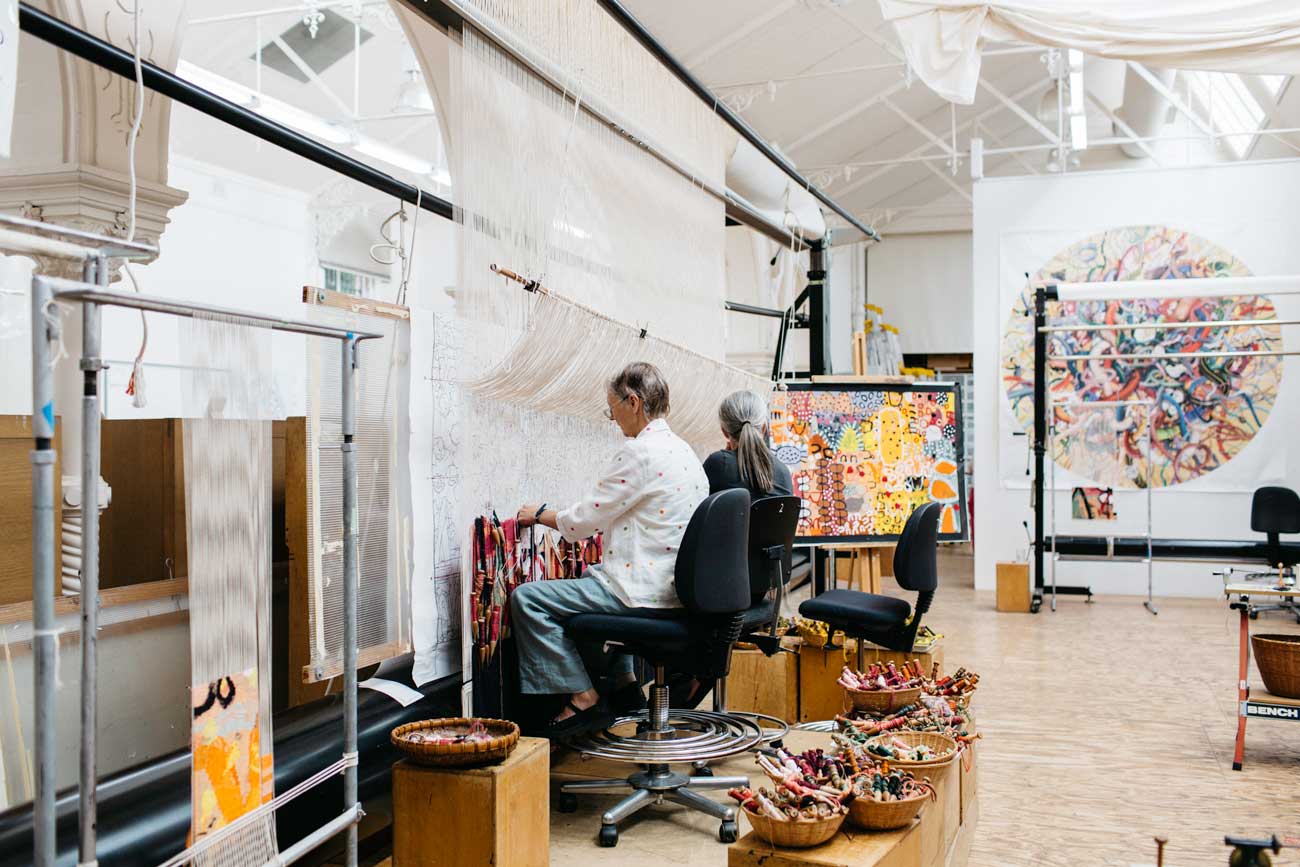 ATW weavers working on 'The Royal Harvest' tapestry, designed by Naomi Hobson and woven by Pamela Joyce, Sue Batten, Tim Gresham & Jennifer Sharpe. Photo: Marie-Luise Skibbe.