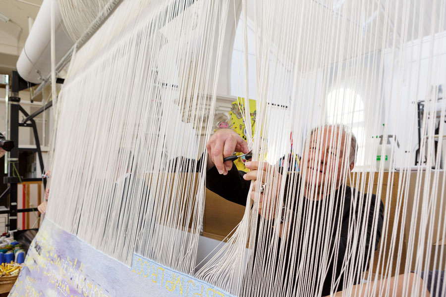 Cutting Off Ceremony for ‘Avenue of Remembrance,’ 2015, designed by Imants Tillers and woven by Chris Cochius, Sue Batten, Leonie Bessant, Pamela Joyce, Milena Paplinska, Laura Russell & Cheryl Thornton. Photograph: Jeremy Weihrauch.