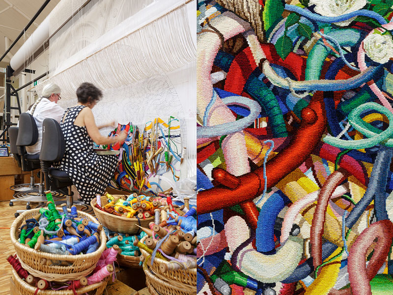 Left: ATW weavers Chris Cochius and Sue Batten working on 'Gordian Knot' designed by Keith Tyson in 2016. Photograph: ATW. Right: Detail of 'Gordian Knot' designed by Keith Tyson in 2016. Photograph: Jeremy Weihrauch.