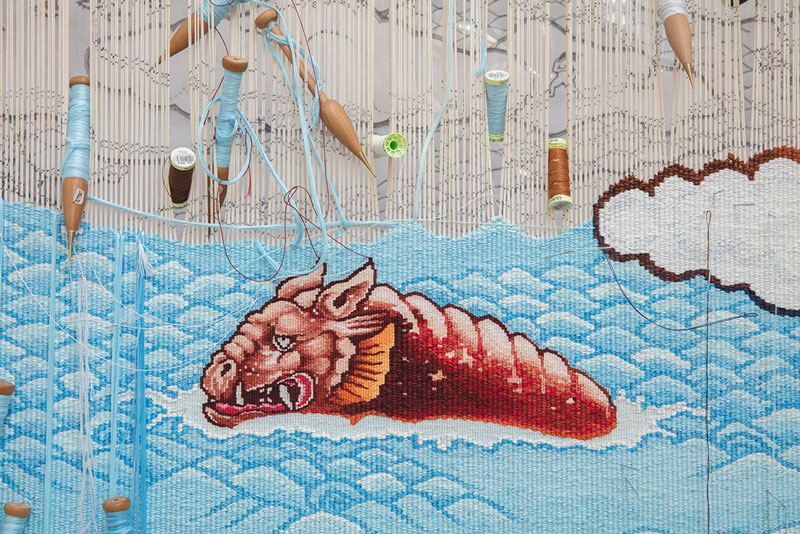 'Treasure Hunt' 2018, designed by Guan Wei and woven by Chris Cochius, Pamela Joyce, Jennifer Sharpe & Cheryl Thornton, wool and cotton, 0.864 x 3.5m.  Photograph: John Gollings.