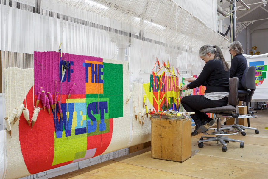 'The Declaration of the Rights of the Child' 2018, artwork by Emily Floyd, woven by Jennifer Sharpe, Chris Cochius and Pamela Joyce, wool and cotton, 2.0 x 1.4m each. Artwork courtesy of the artist and Anna Schwartz Gallery. Photo: Jeremy Weihrauch. 