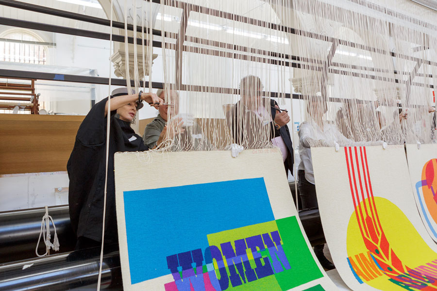 Cutting Off Ceremony for 'The Declaration of the Rights of the Child' tapestry, 2018, artwork by Emily Floyd. Artwork courtesy of the artist & Anna Schwartz Gallery. Photograph: Jeremy Weihrauch. 