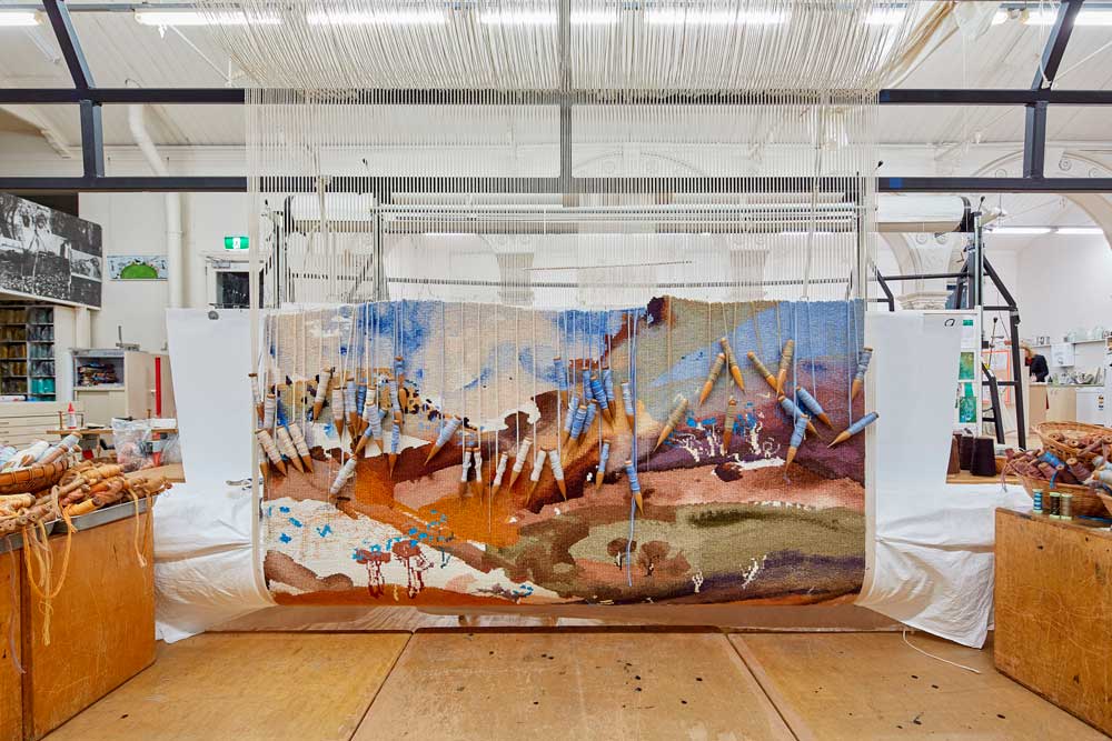 ‘Bridle Track, Hill End’, 2019, designed by Luke Sciberras, woven by Chris Cochius, Sue Batten, Amy Cornall, Karlie Hawking & Pamela Joyce, wool, cotton, 1.6 x 1.6m. Photo by Jeremy Weihrauch. 