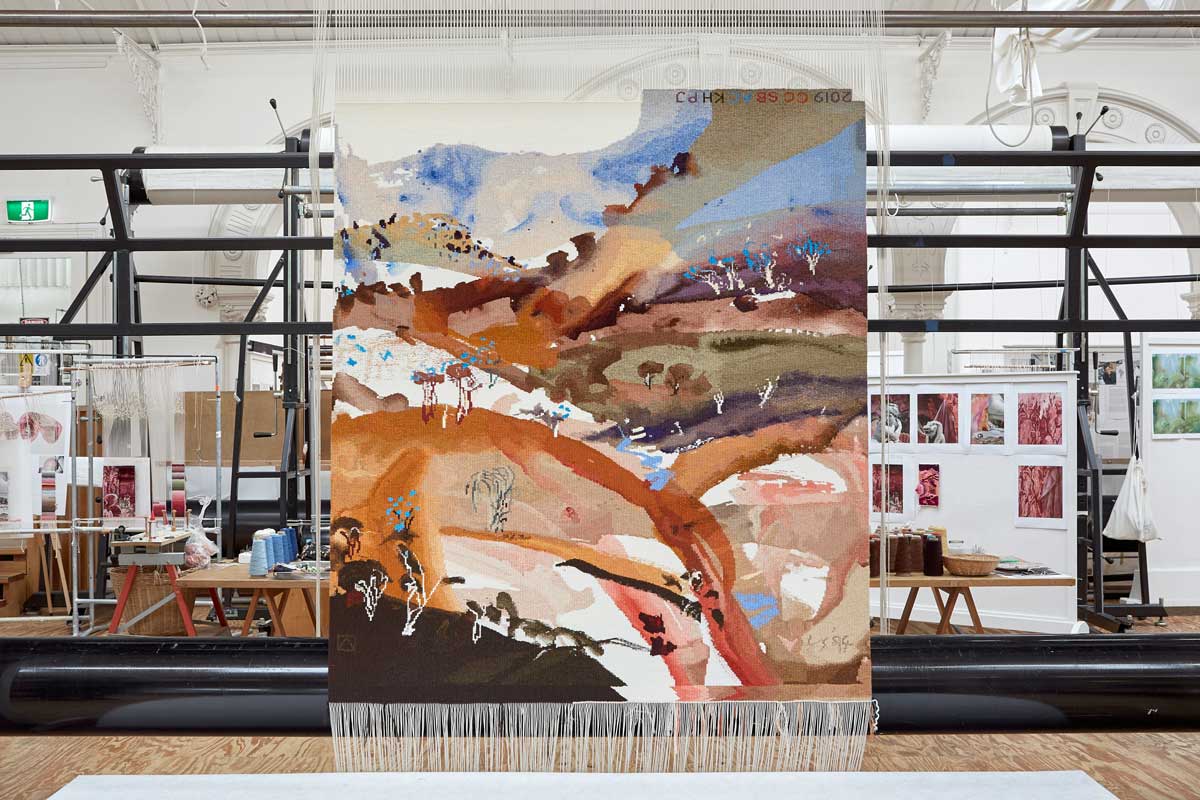 ‘Bridle Track, Hill End’, 2019, designed by Luke Sciberras, woven by Chris Cochius, Sue Batten, Amy Cornall, Karlie Hawking & Pamela Joyce, wool, cotton, 1.6 x 1.6m. Photo by Jeremy Weihrauch. 