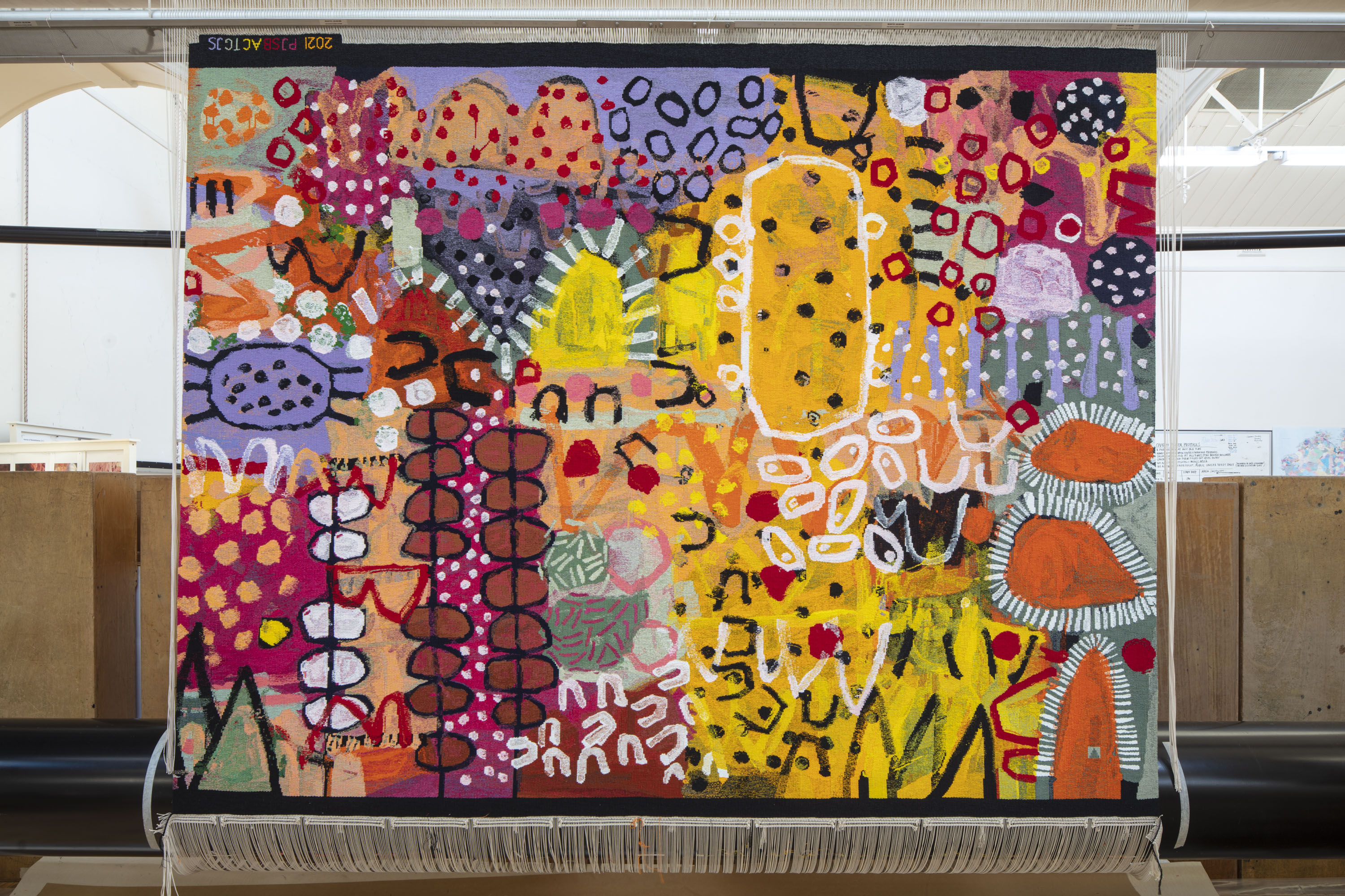 'The Royal Harvest', 2021, designed by Naomi Hobson, woven by Pamela Joyce, Sue Batten, Tim Gresham & Jennifer Sharpe, wool and cotton, 2.05 x 2.8m. Photo: John Gollings AM.