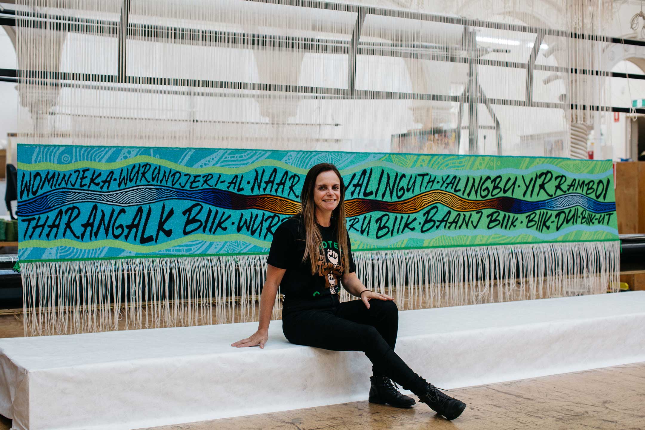 Mandy Nicholson with ‘Wurundjeri Biik, yalinguth, yalingbu, yirramboi’, 2020. Photo: Marie-Luise Skibbe.