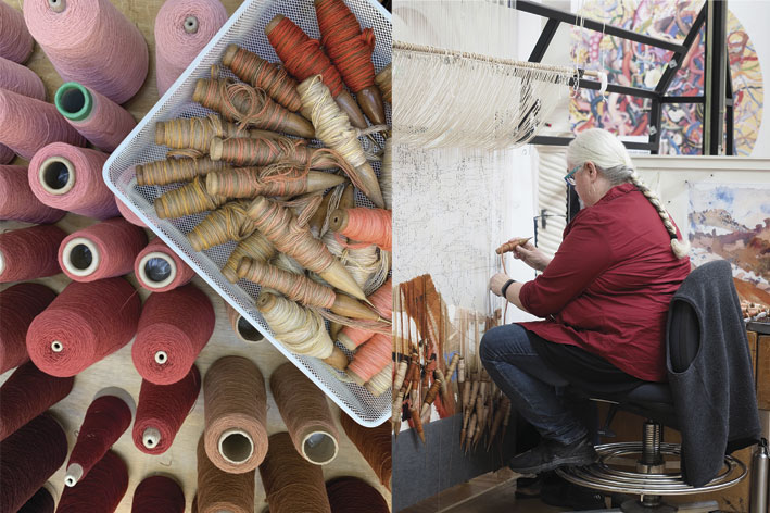 Left to right: yarn and bobbins at the ATW; Chris Cochius weaving ‘Bridle Track, Hill End’, 2019, designed by Luke Sciberras, woven by Chris Cochius, Sue Batten, Amy Cornall, Karlie Hawking & Pamela Joyce. Photo by Jeremy Weihrauch. 
