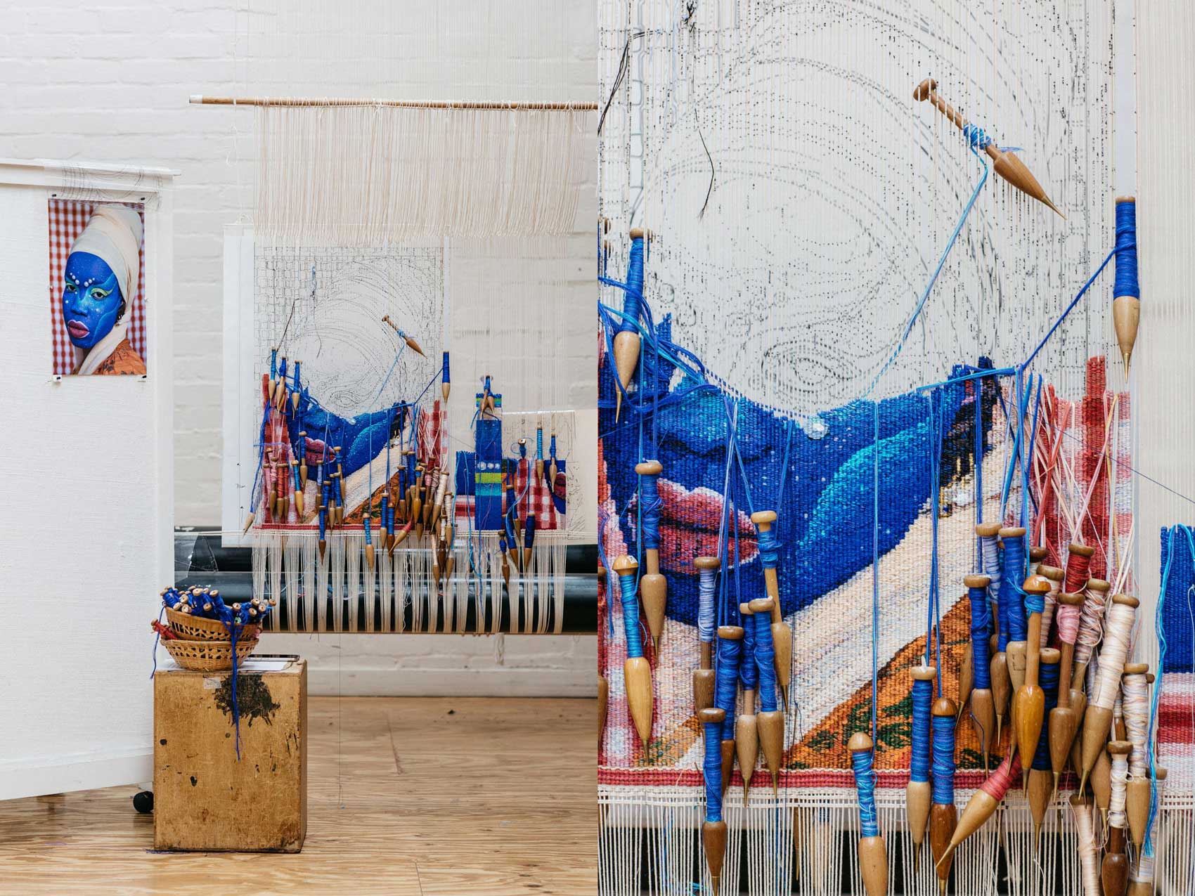 Tapestry in progress: 'Self Portrait in July (4)', 2021, designed by Atong Atem, woven by Pamela Joyce. Photograph: Marie-Luise Skibbe.