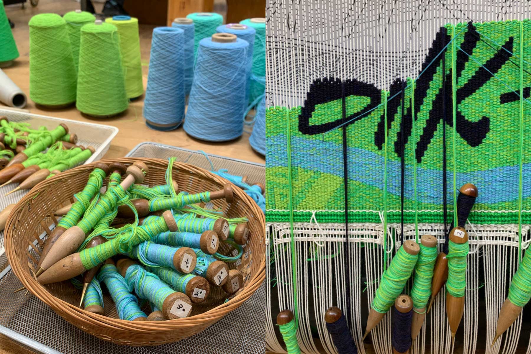 Left to right, bobbins and yarn: Progress shot of ‘Wurundjeri Biik, yalinguth, yalingbu, yirramboi’ 2020, Mandy Nicholson, woven by Chris Cochius, Amy Cornall, Tim Gresham & Cheryl Thornton, 0.58 x 4.32 m, wool, cotton. Photos: ATW. 