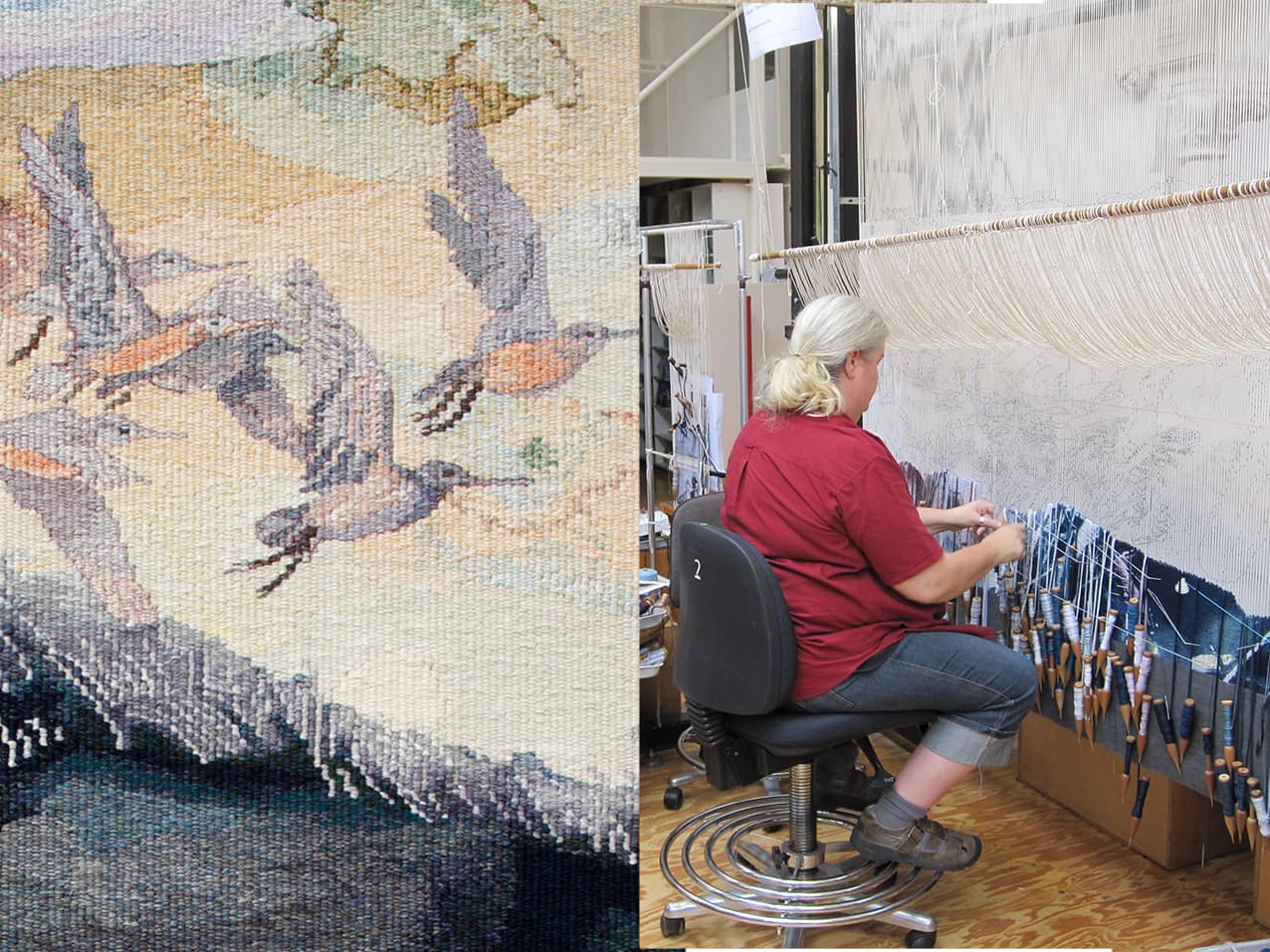 Progress shots of ‘Concerning the wading birds of the Warrnambool wetlands’ 2012, designed by John Wolseley, woven by Chris Cochius, Pamela Joyce & Milena Paplinska, wool and cotton, 1.80 x 1.90m. Photographs: ATW.