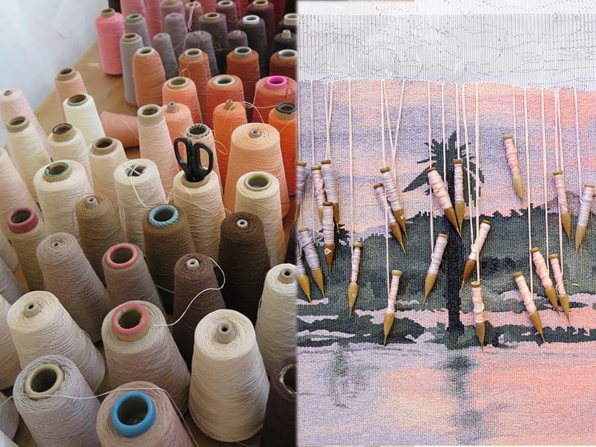 Left: Yarn at ATW. Photograph: ATW. Right: Detail of ‘Rufiji River from Mbuyuni Camp, Selous Game Reserve, in Tanzania,’ 2014, designed by HRH Prince of Wales, woven by Chris Cochius and Pamela Joyce. Photograph: Jeremy Weihrauch.