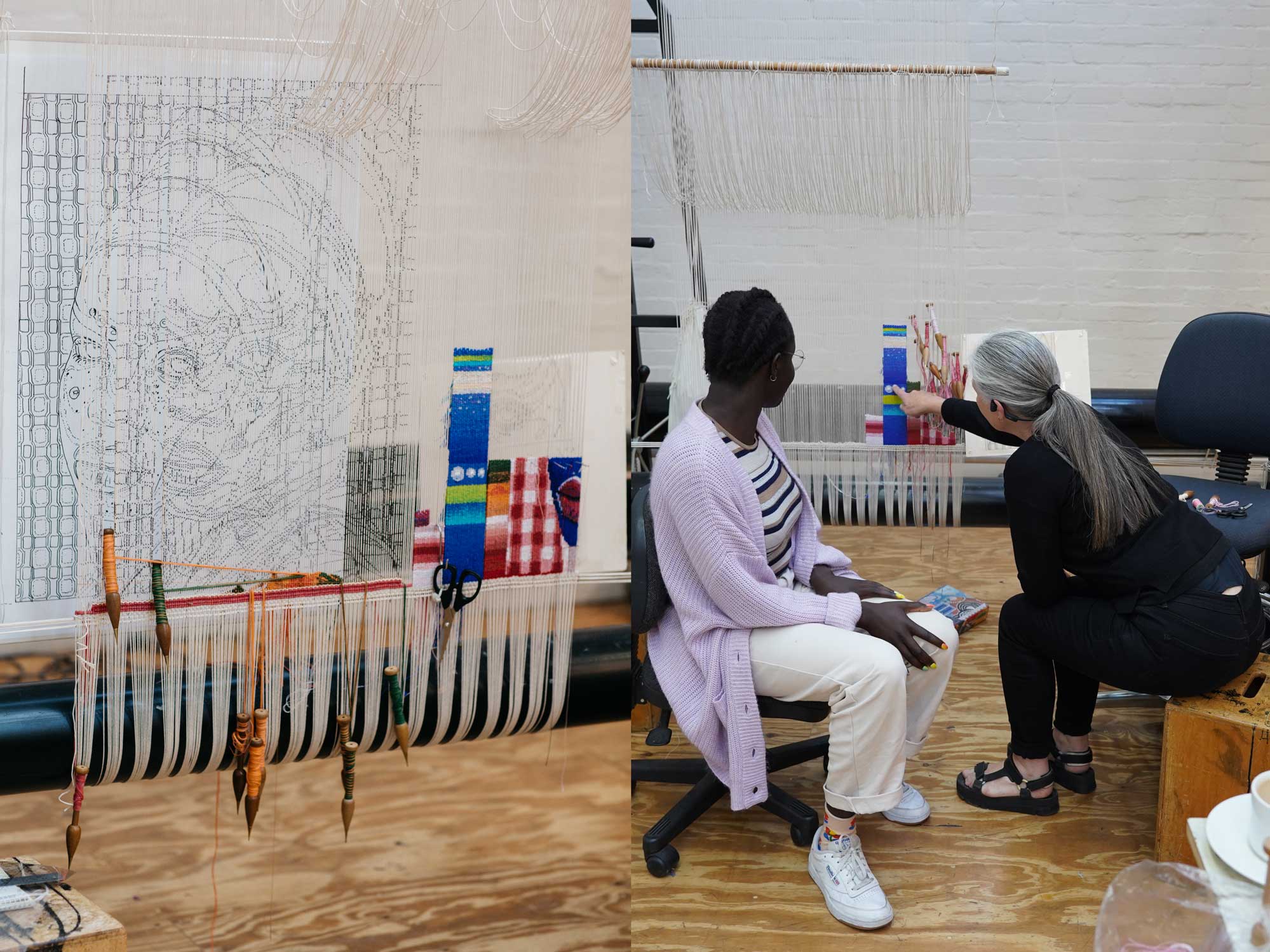 Left: In progress: 'Self Portrait in July (4)', 2021, designed by Atong Atem, woven by Pamela Joyce. Photograph: Marie-Luise Skibbe. Right: Atong Atem and Pamela Joyce at the ATW, 2021. Photograph: ATW.