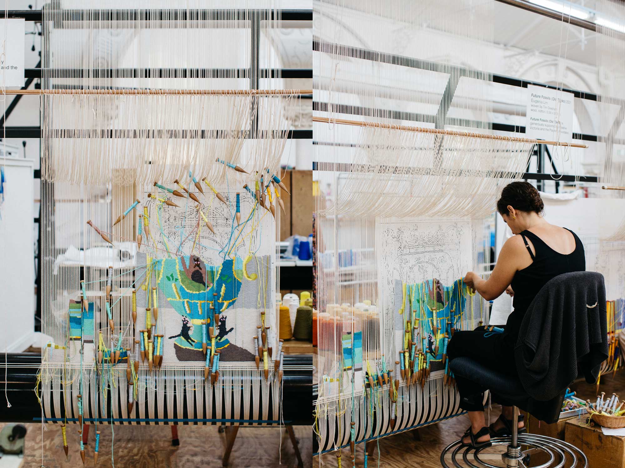 Tapestry in progress: 'big kangaroo urn', 2021, designed by Troy Emery, woven by Emma Sulzer. Images courtesy of Marie- Luise Skibbe.