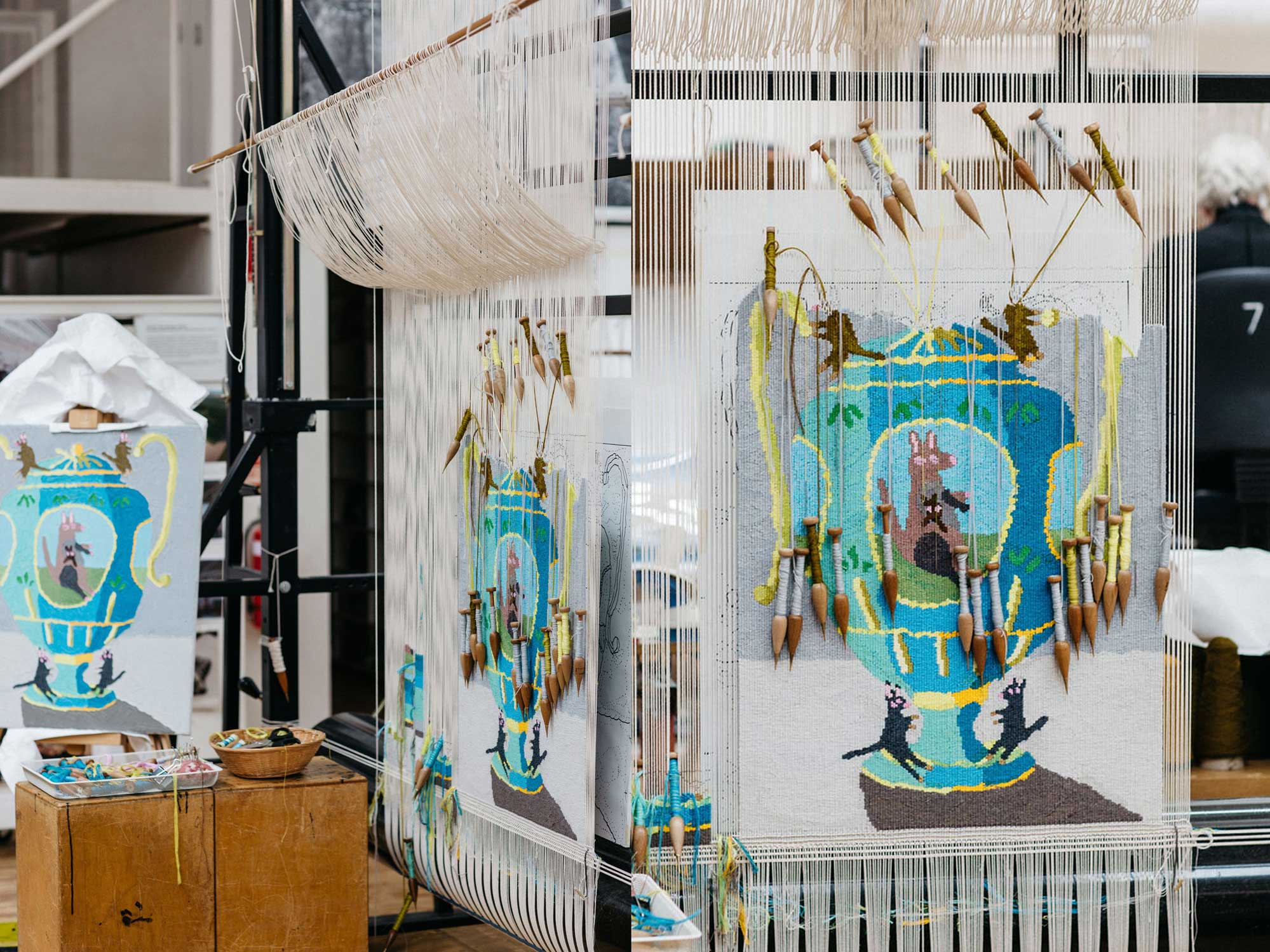 Tapestry in progress: 'big kangaroo urn', 2021, designed by Troy Emery, woven by Emma Sulzer. Photographs: Marie- Luise Skibbe.