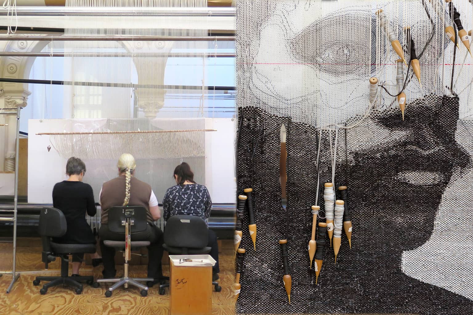 Left: ATW weavers working on 'Catching Breath' designed by Brook Andrew in 2014. Photograph: ATW. Right: Detail of 'Catching Breath' designed by Brook Andrew in 2014. Photograph: Jeremy Weihrauch.