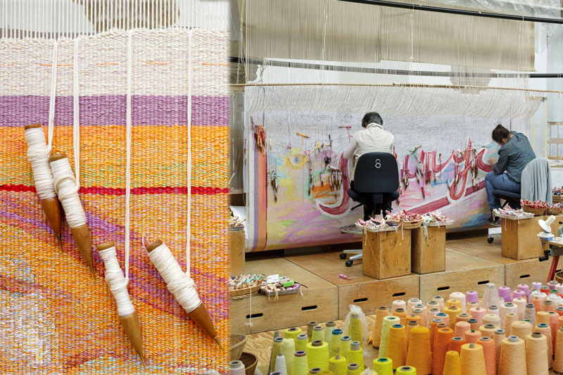 Progress shots of ‘Sorry’, 2013, designed by Juan Davila, woven by Sue Batten, Pamela Joyce, Milena Paplinska & Cheryl Thornton, wool and cotton, 4.20 x 3.26m. Photographs: Jeremy Weihrauch.