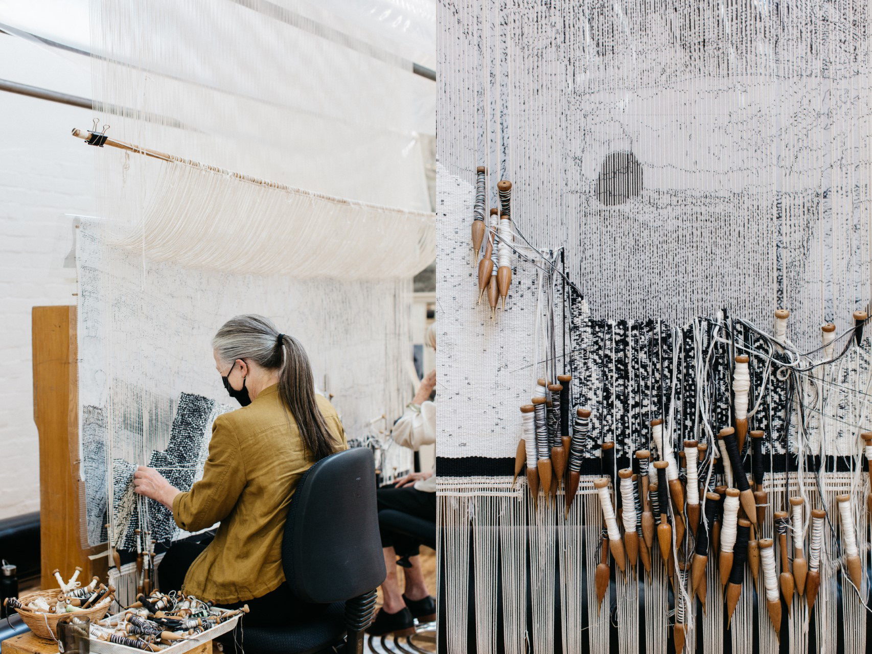 Left to right: ATW weaver Pamela Joyce working on 'Ilpili', designed by Kunmanara Carroll in 2021; Close up view of 'Ilpili', 2021, Pepai Jangala Carroll, woven by Pamela Joyce, Chris Cochius, Cheryl Thornton & Sue Batten. Photos: Marie-Luise Skibbe.