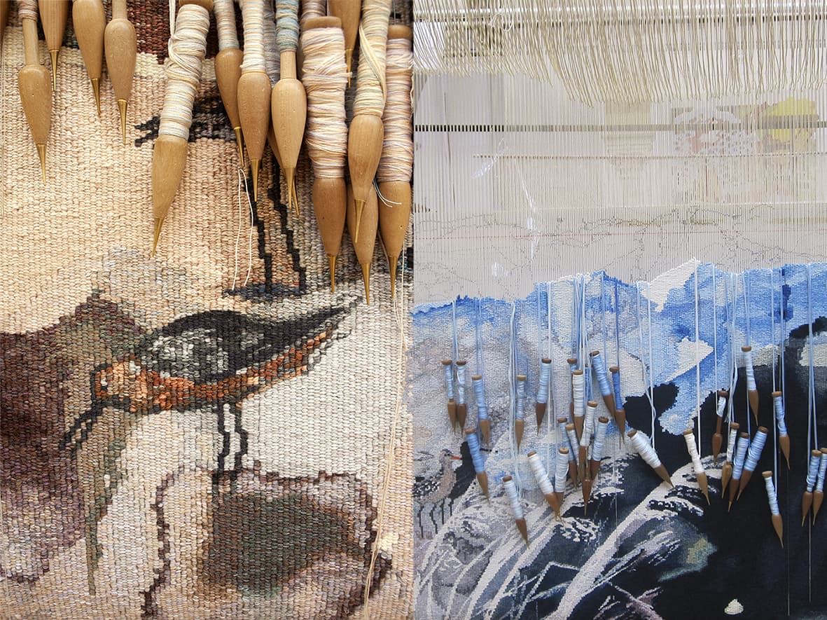 Detail shots of ‘Concerning the wading birds of the Warrnambool wetlands’ 2012, designed by John Wolseley, woven by Chris Cochius, Pamela Joyce & Milena Paplinska, wool and cotton, 1.80 x 1.90m. Photographs: Viki Petherbridge.