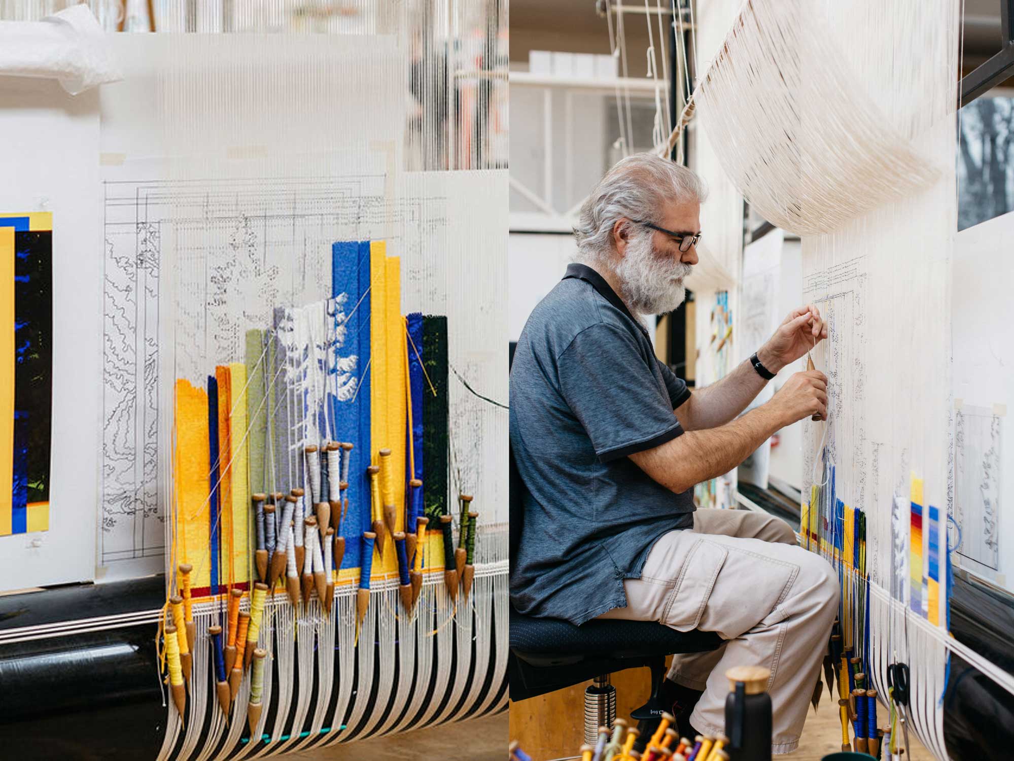 Tapestry in progress: 'Fossil Futures (Old Tjikko)', 2021, designed by Eugenia Lim, woven by Tim Gresham. Images courtesy of Marie-Luise Skibbe.