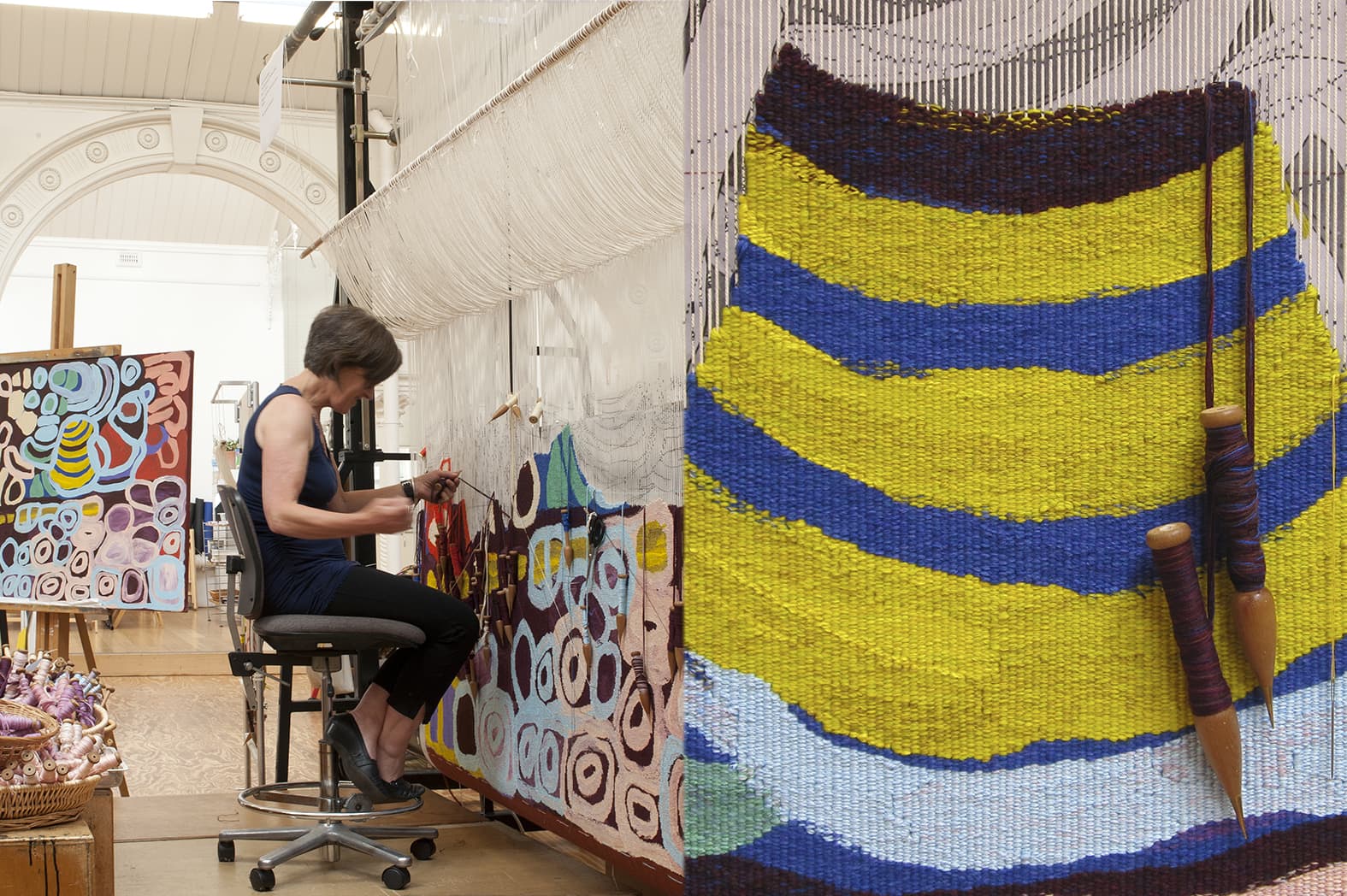 Left: ATW weaver Pamela Joyce working on ‘Kungkarrakalpa (The Seven Sisters)’ designed by Anmanari Brown in 2012. Photograph: Viki Petherbridge. Right: Detail of ‘Kungkarrakalpa (The Seven Sisters)’ designed by Anmanari Brown in 2012. Photograph: ATW.