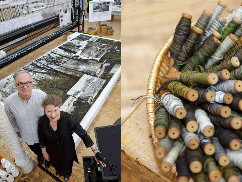 Right: Lyndell Brown & Charles Green with the 'Morning Star' tapestry at ATW. Right: Bobbins at ATW. Photographs: Jeremy Weihrauch.