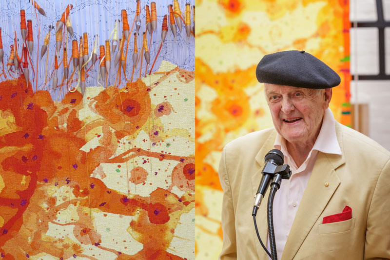 Left: Detail of 'Sun over the You Beaut Country,' designed by John Olsen AO OBE in 2014. Photograph: ATW. Right: John Olsen AO OBE at the Cutting Off Ceremony for 'Sun over the You Beaut Country,' 2015. Photograph: Jeremy Weihrauch. 