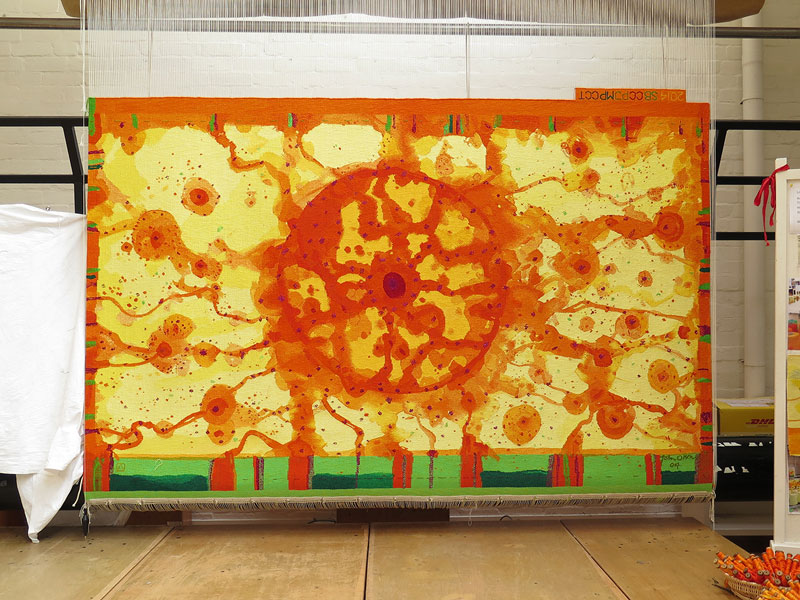 ‘Sun over the You Beaut Country,’ 2014, designed by John Olsen AO OBE, woven by Sue Batten, Chris Cochius, Pamela Joyce, Milena Paplinska & Cheryl Thornton, wool and cotton, 2.80 x 1.60m. Photograph: ATW.