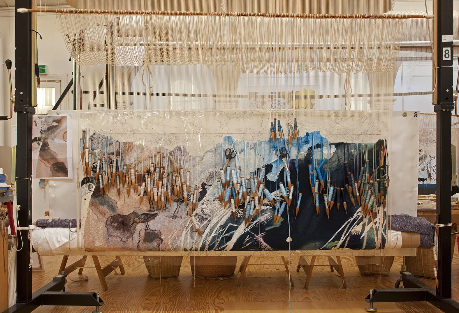 ‘Concerning the wading birds of the Warrnambool wetlands’ 2012, designed by John Wolseley, woven by Chris Cochius, Pamela Joyce & Milena Paplinska, wool and cotton, 1.80 x 1.90m. Photograph: Viki Petherbridge.