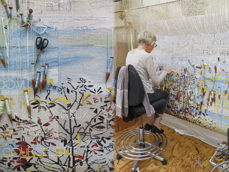 Left: Detail of 'Avenue of Remembrance' designed by Imants Tillers in 2015. Photograph: ATW. Right: ATW weaver Cheryl Thornton working on 'Avenue of Remembrance' designed by Imants Tillers in 2015. Photograph: ATW.