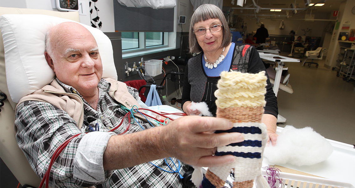 Weaving into Wellbeing teacher Marie Cook with patient at the Warrnambool Base Hospital